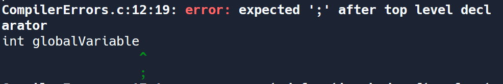 A screenshot of a compiler error that says 'error: expected ';' after top level declarator' Error 1: Missing Semicolon