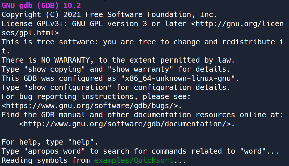 Screenshot of the console after running GBD on the 'Quicksort' file. Running GDB on ‘Quicksort’ file.