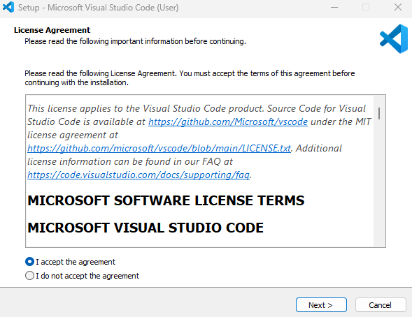 Screenshot showing the Visual Studio Code Installer