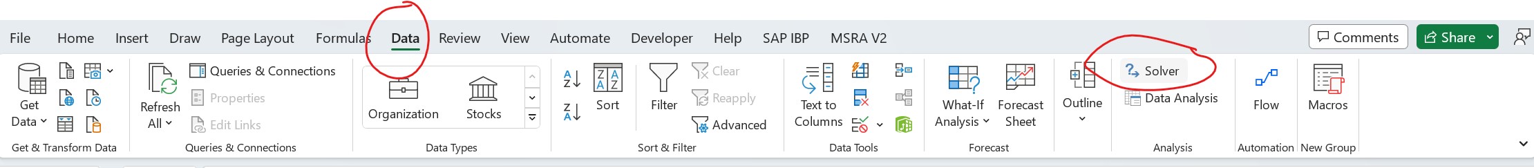 Screenshot of where to find &ldquo;Solver&rdquo; add in on the header bar