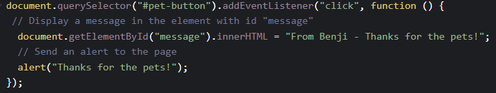 code block with click event listener code alt text